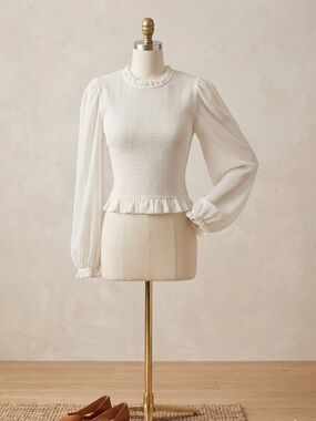 Wilfred Ivory Smocked Peplum Blouse with Sheer Puff Sleeves